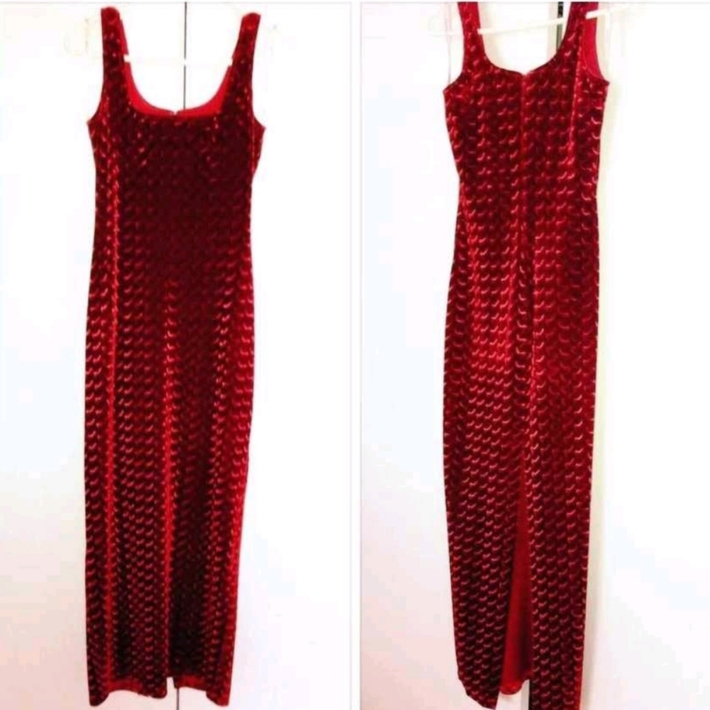 Laura long, red crushed velvet dress gown